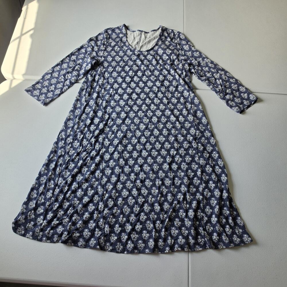 Garnet Hill Dress Medium Blue Floral Tencel Scoop Neck 3/4 Sleeve A Line Swing